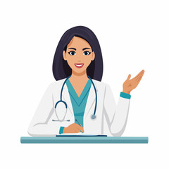Fototapeta premium Professional female doctor in white coat with stethoscope, seated at desk and gesturing to the side, representing healthcare and medical services