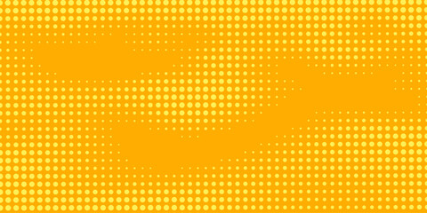 Yellow halftone pattern. Retro comic gradient background. Bright orange pixelated dotted texture overlay. Cartoon pop art faded gradient pattern. Vector backdrop