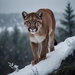 Wild cougar standing in snowy mountain forest