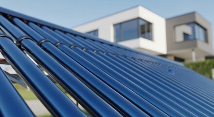 Closeup of solar thermal collectors on a modern house roof, representing renewable energy and sustainable living