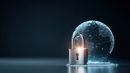 glowing padlock floating above digital globe, global cybersecurity concept, dark minimalistic style