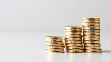golden coins stacked in columns, symbol of wealth and economy, minimalistic white background, soft light