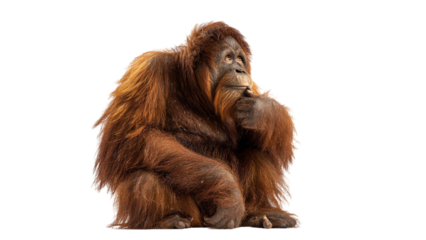 Majestic orangutan with long shaggy reddish brown fur sits thoughtfully against a stark black background