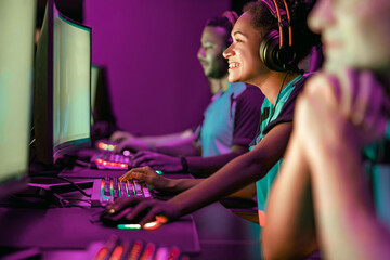 A lively and dynamic group of gamers fully immersed in fierce competition at a vibrant and exciting...