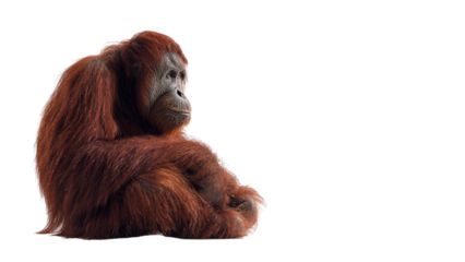 A thoughtful orangutan with reddish brown fur sits in profile against a stark black background
