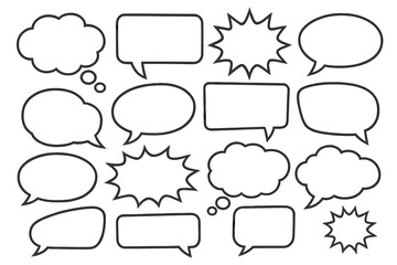 Big set of speech bubbles, thought bubbles in retro comic style. Collection of hand-drawn blank cartoon dialog boxes for communication, message, and pop art design elements.