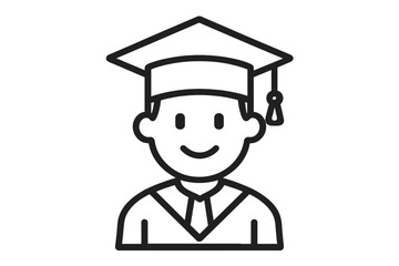 Graduate icon. Student in graduation cap and gown. University ceremony symbol. Vector illustration for education, success, degree, academic achievement. Line art avatar.
