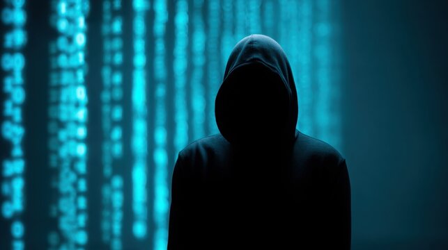 hacker silhouette in dark room with neon code, cyber threat theme, dramatic minimalistic style