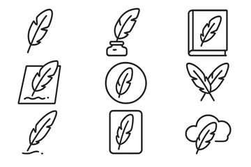 Quill pen feather writer icon set. Vintage literature, poetry, and history symbols. Calligraphy, author, and storytelling concept. Editable stroke vector line art collection.
