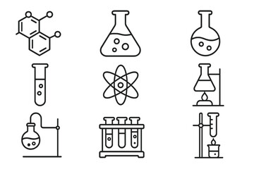 Chemistry line icon set. Science and education symbols. Laboratory equipment for experiment and research. Vector collection of flask, test tube, atom, molecule, scientific pictograms