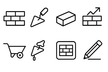 Building brick wall vector icon set. Simple line art symbols for construction, masonry, repair, and renovation. Trowel, wheelbarrow, growth, planning, and architecture signs.