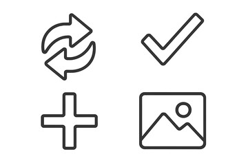 Basic UI icon set. Refresh arrows, check mark, plus sign and picture gallery symbol. Web and mobile app interface button collection. Simple line vector graphic. Editable stroke.