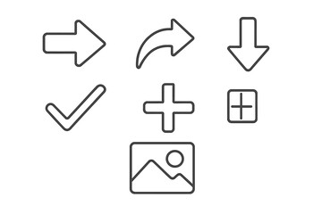 Simple line icon set. Thin outline symbols for user interface design. Arrow, check, plus, add, share, download, image gallery picture icon. Editable stroke vector graphic.
