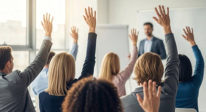 People raising hands in a business meeting or seminar with a presenter