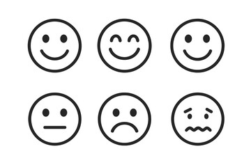 Fototapeta premium Set of emoji line icons. Smile face emoticon collection. Happy, sad, neutral, anxious mood. Customer feedback or satisfaction rating symbol. Vector graphic for web, apps.