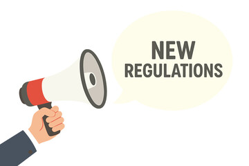 Announcing new regulations concept. Hand with megaphone or loudspeaker. Important message for business compliance, government policy update, legal notice and law change vector.