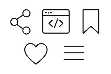 UI UX icon set. Web and mobile interface line icons. Share, coding, developer, bookmark, save, like, heart, favorite, menu, navigation. Editable stroke vector pack.