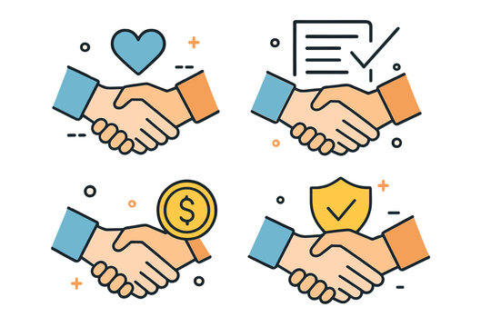 Handshake vector icon set. Partnership, agreement, good deal concepts. Shaking hands with heart for trust, contract for deal, dollar coin for finance, and shield for security.