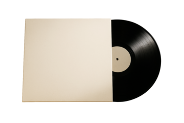 Vinyl record half out of plain sleeve, isolated style on white background, concept of music album template or retro audio element. Ai generative