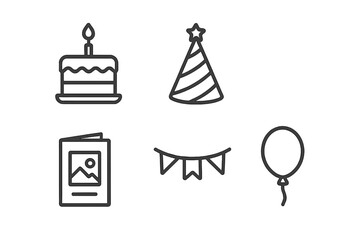 Birthday party celebration line icon set with cake, hat, card, garland, and balloon. Simple outline vector graphic collection for web, apps, and print. Editable stroke.