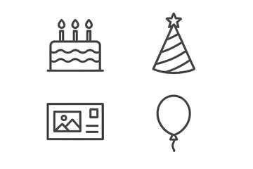 Birthday party celebration simple line icons set. Vector collection with cake, holiday hat, postcard and balloon. Editable stroke for web, apps, cards, and books.
