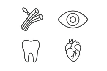 Medical and anatomy icon set. Thin line vector illustrations of the human eye, tooth, heart, and muscle tissue. Editable stroke symbols for healthcare, web, and app design.