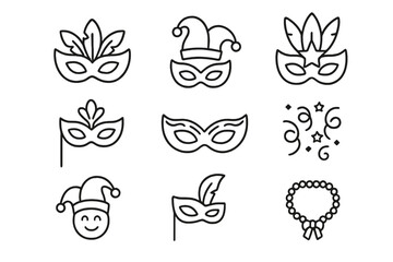 Carnival mask thin line icon set. Masquerade party and Mardi Gras vector symbols. Festival celebration linear pictograms with jester, feather masks, beads, and confetti.