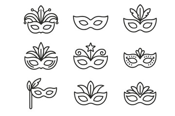 Carnival mask line icon set. Venetian masquerade, Mardi Gras festival vector symbols. Celebration party face disguise. Anonymous theatre costume. Editable stroke line art.