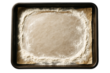 Baking tray filled with parchment paper and dusted flour, isolated on white background, clean layout concept for culinary design element. Ai generative