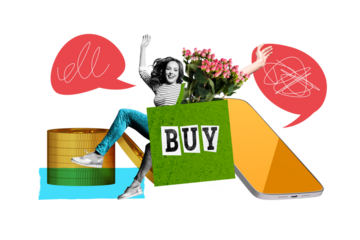 Composite photo collage of happy girl shopaholic phone notification bubble flowers bloom coin black friday isolated on painted background