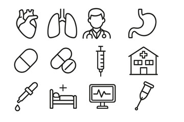 Medical and healthcare line icon set. Collection of thin line symbols for hospital, clinic, and pharmacy. Includes doctor, heart, lungs, pills, syringe, and ECG monitor vector icons.