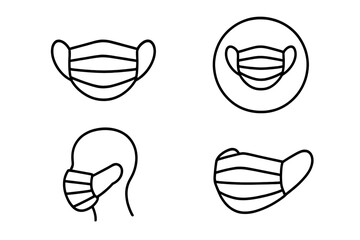 Medical face mask line icon set. Person wearing protective surgical mask. Virus, pandemic, pollution and dust protection concept. Health safety and hygiene vector illustration.