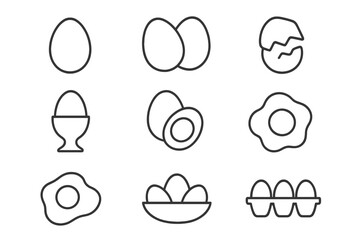 Egg icon collection. Thin line vector icon set. Breakfast food symbols. Fried egg, boiled, broken shell, egg cup, carton. Simple outline pictogram for cooking, recipe, app, web.