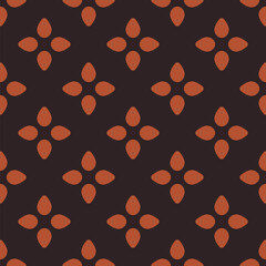 Simple floral seamless pattern. Cute vector geometric texture with leaves, flower silhouettes, petals. Retro vintage mid-century style background. Red and brown color. Repeated decorative geo design