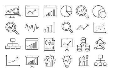 Fototapeta premium Data analysis and big data thin line icon set. Contains analytics, statistics, research vector icons. Infographic elements like chart, graph, and diagram for a business report.
