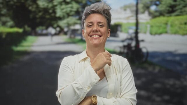 Woman in loose white shirt smiling and playfully covering face with hand on sunny street; embarrassment.