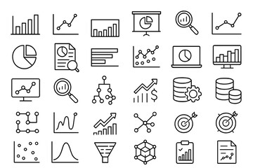 Naklejka premium Data analysis and statistics line icon set. Vector symbols for big data, research, analytics, report. Business intelligence, finance, marketing. Chart, graph, diagram, infographic.