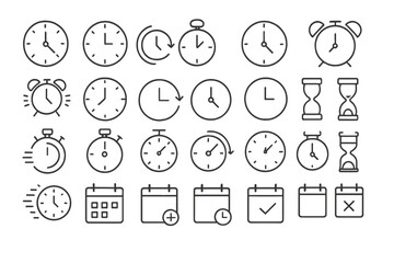 Time and clock vector line icon set. Concepts of time management, schedule, deadline, appointment. Contains symbols like timer, alarm, calendar, stopwatch, and hourglass.