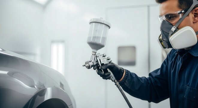 Car painter wearing mask and goggles spraying paint on car body - Powered by Adobe