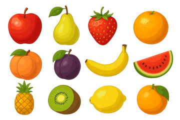 Fruit and berry collection. Summer fruits set icon. Apple, pear, strawberry, orange, peach, plum, banana, watermelon, pineapple, kiwi, lemon. Vector illustration for healthy food.