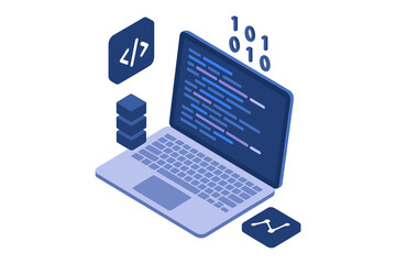 Web software development concept for programming and coding. Isometric laptop with big data processing, database server and analytics icon. App creation and computing vector.