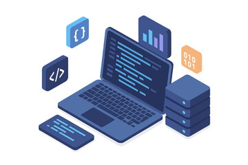 Web software development concept for programming and coding. Isometric illustration of a laptop with big data processing, cloud computing, server database, and mobile app design.
