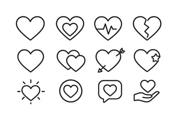 Heart line icon set. Love, romance, health, and charity symbols. Vector pictograms with editable stroke for UI, UX design. Broken heart, like, favorite, Valentine's Day signs.