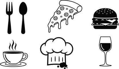 Food and dining icons set, pizza, burger, coffee, wine, fork, spoon, chef hat, restaurant, culinary, beverage, cooking, fast food, vector illustration