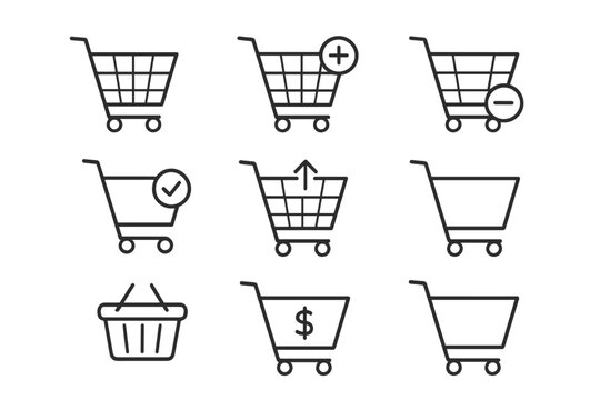 Shopping cart line icon set for e-commerce. Online store and webshop symbols. Add to cart, remove item, checkout, purchase, buy signs. Vector pictogram collection for apps.