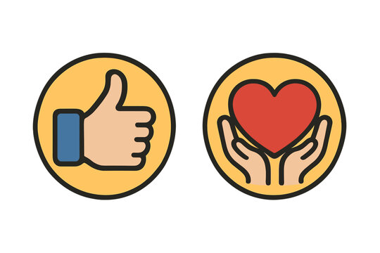 Thumbs up and heart in hands icon set. Social media reaction buttons for like, love, care, and support. Vector illustration for positive feedback and user engagement.