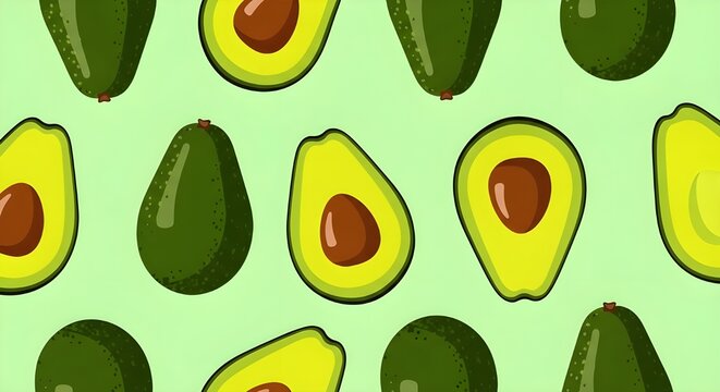 Avocado Halves Pattern on Light Green Background - Healthy Food, Vegan, Fresh Produce, Superfood Texture