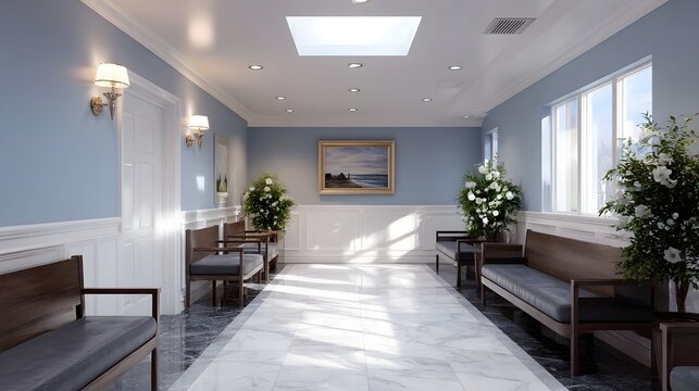 Serene and elegant interior hallway with blue walls marble floors seating benches and lush floral arrangements bathed in natural light