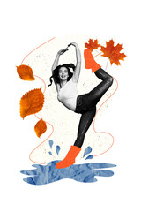Composite trend artwork image collage of autumn season fall weather leaves rain drops outdoors nature young lady ballerina pose step water