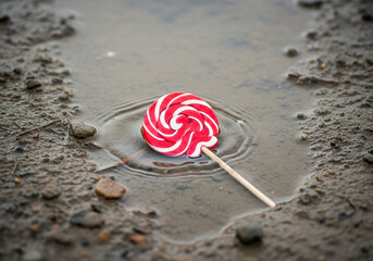 A red and white swirled lollipop rests in a puddle of water on the ground.